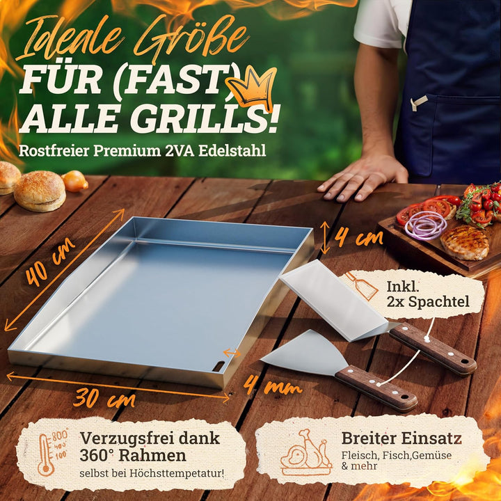 [BUNDLE] Plancha Edelstahl Grillplatte [30x40cm] + Burger Master Set – 4x Grillspachtel, 2x Burgergl
