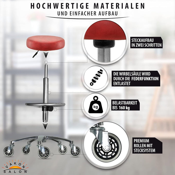 Premium Rollhocker Rot mit Fussring - Höhenverstellbar von 55-75 cm - Rundsitz Drehhocker Arbeitshoc