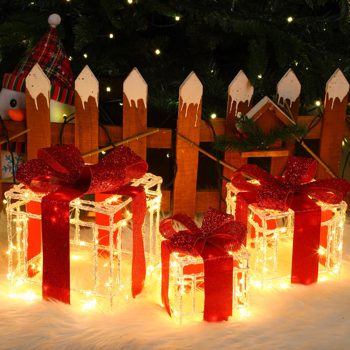 Quntis 3 Set LED Geschenkbox Weihnachten, 215 warmweisse LED beleuchtete Boxen, Weihnachtsdeko Innen
