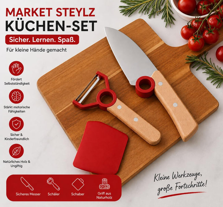 Kinder Kochmesser Set - 3 teilig - Kochmesser - Fingerschutz - Sparschäler - rostfrei Gelb, Gelb
