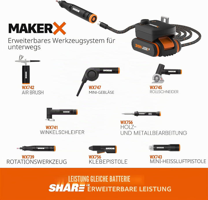 WORX Akku Multifunktionswerkzeug &amp; Winkelschleifer MakerX 18V(20V MAX) WX990, Powershare, Bürstenlos
