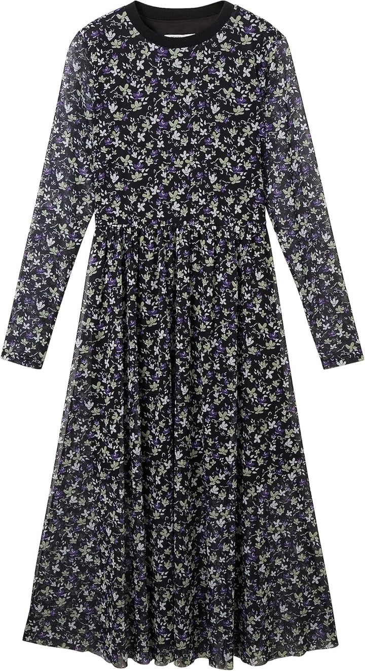 TOM TAILOR Denim Damen Denim Mesh Kleid mit Muster L 34262-black Flower Print, L 34262-black Flower