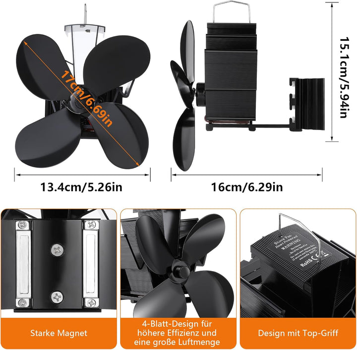 Hanaoyo Kaminventilator Magnetisch, Verbessertes Schallwanddesign Ofenventilator Ohne Strom, Kaminlü