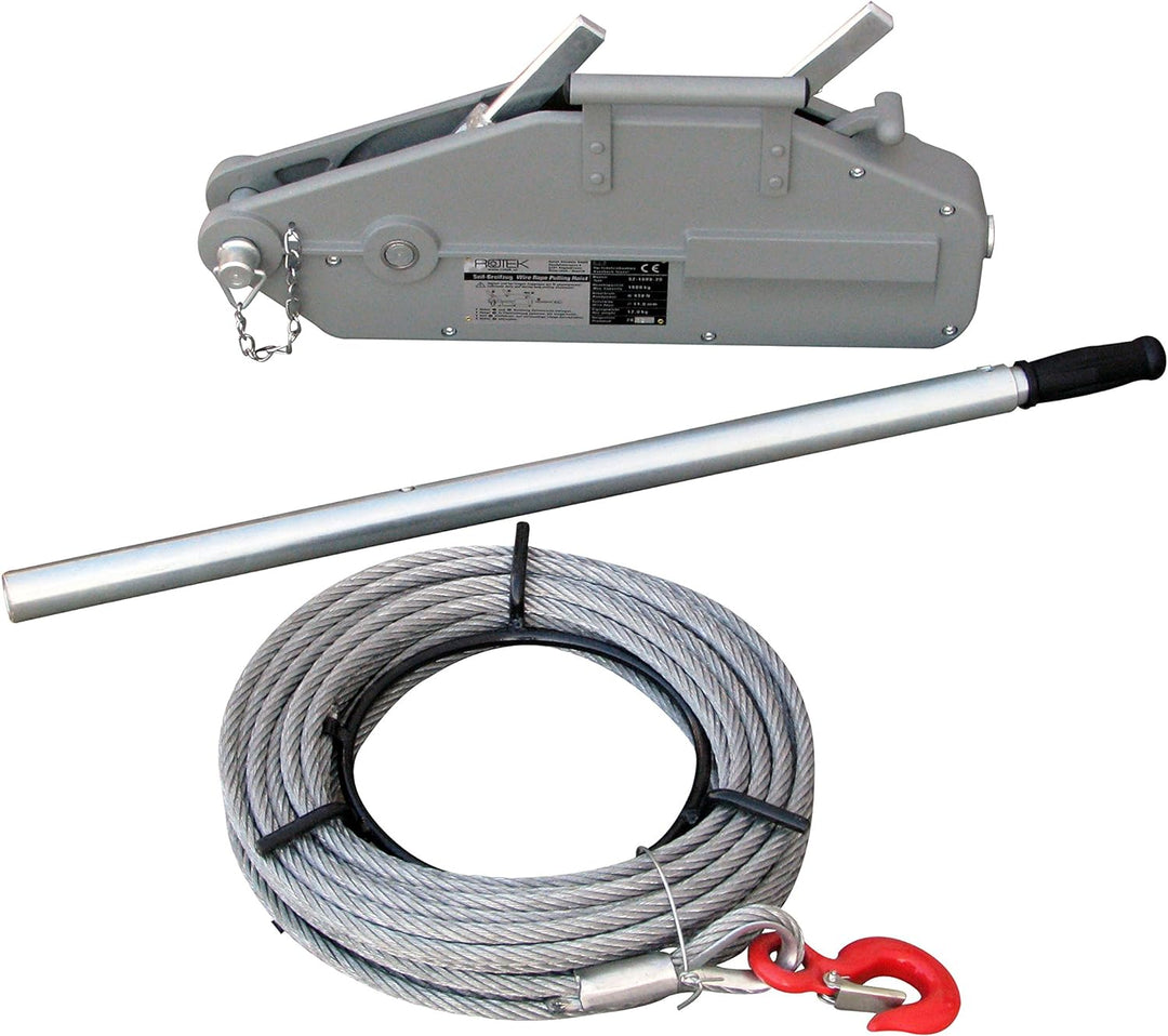 Rotek Seilzug SZ-1600, Kapazität 1.600kg inkl. 20m Spezialseil auf Haspel mit 20m Drahtseil, mit 20m