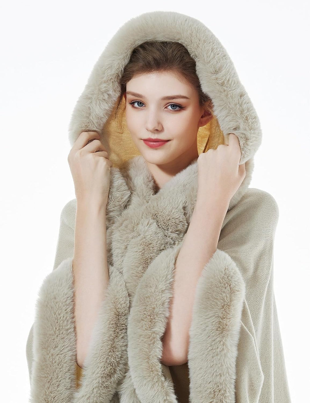 BEAUTELICATE Damen Kunstpelz Strick Poncho Cape Warm Umhang Gestrickt mit Kapuze Cardigan Brautjacke
