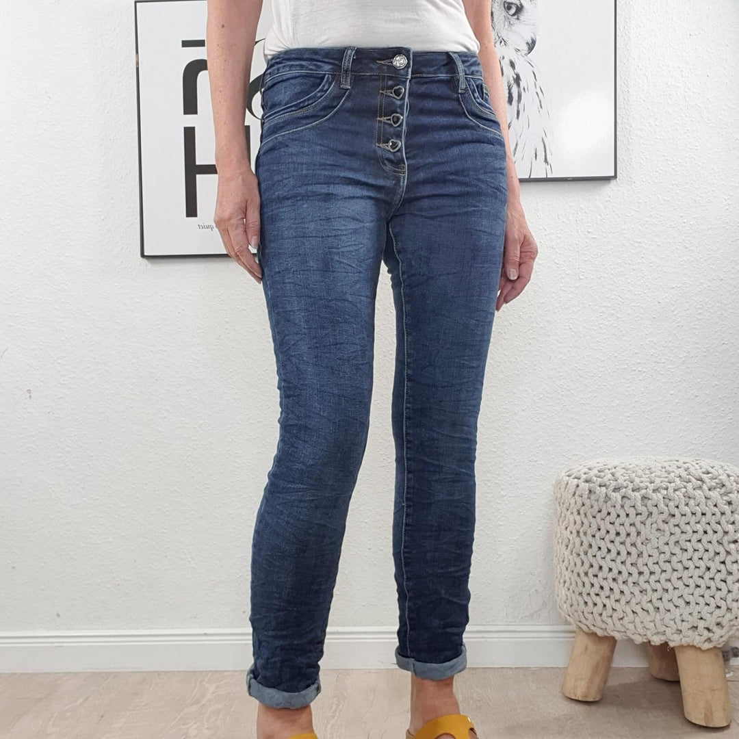 Jewelly Stretch Jeans| im Baggy Boyfriend Schnitt| Damen Hose mit dekorativer Knopfleiste| Perfekter