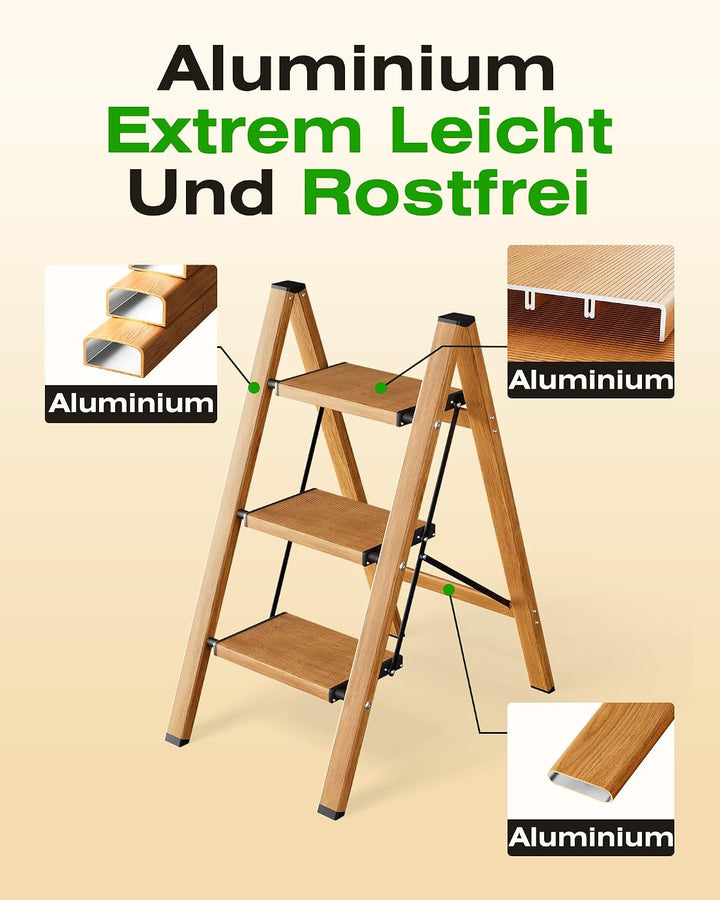 Trittleiter 3 Stufen klappbar,Tritthocker aus Aluminium | 150 kg Tragfähigkeit,Leiter mit rutschfest