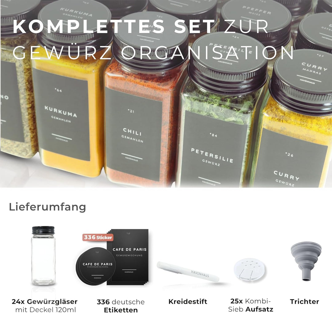 Gewürzgläser Set schwarz | 24 Gewürz Organizer inkl. 336 deutschen Gewürzetiketten | Gewürzgläser ec