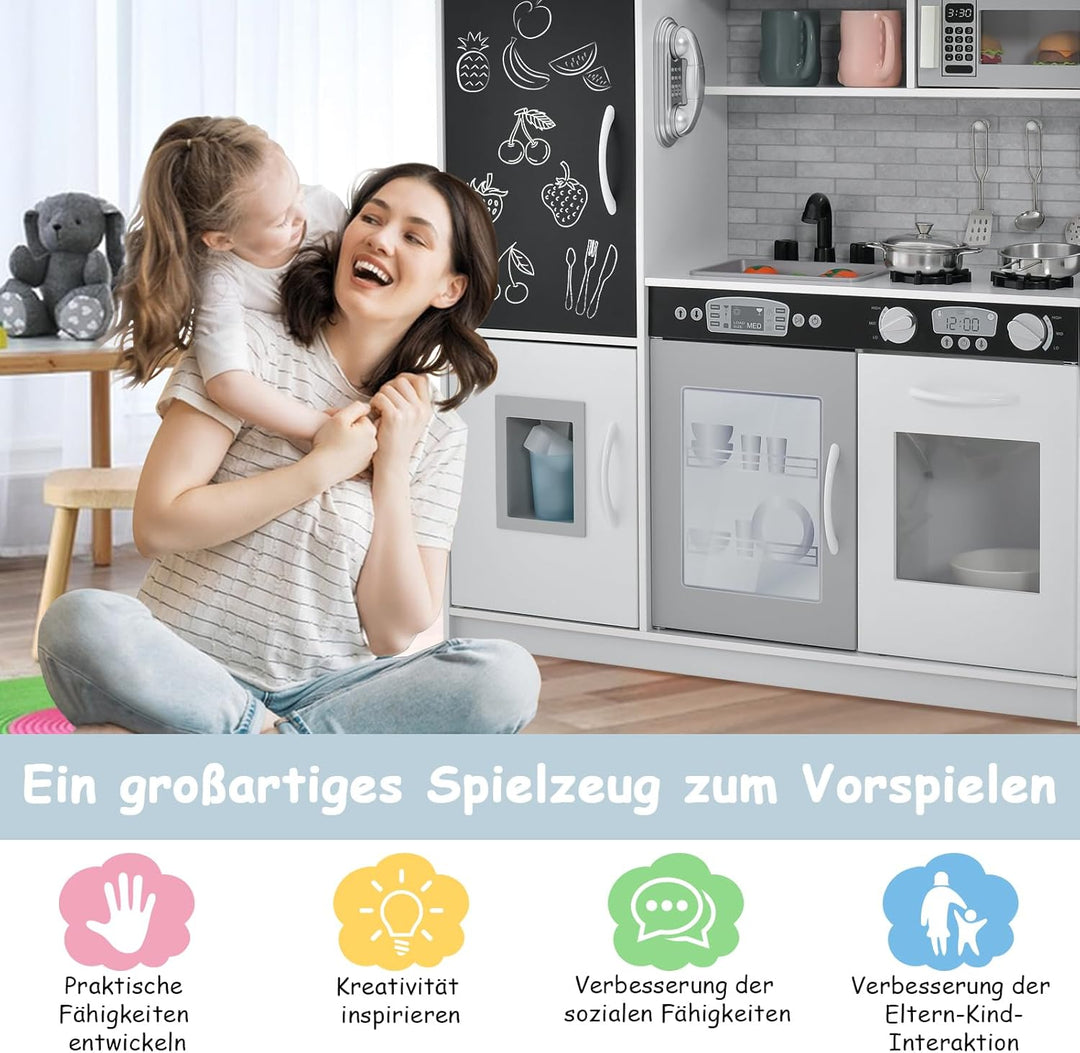 GOPLUS Kinderküche aus Holz, Kinderspielküche mit Mikrowellen, Backofen, Wasserbecken, Kreidetafel &