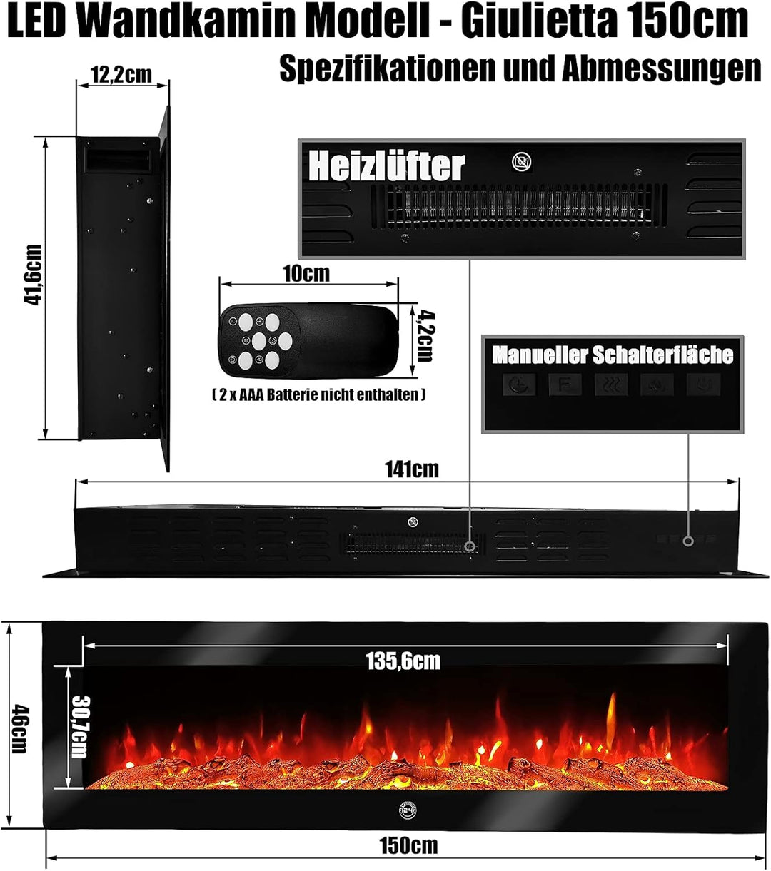 Elektrokamin Wandkamin Giulietta 150cm mit LED Flammensimulation - Farbwechsel - inkl. Fernbedienung