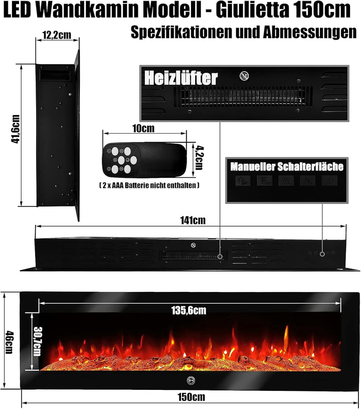 Elektrokamin Wandkamin Giulietta 150cm mit LED Flammensimulation - Farbwechsel - inkl. Fernbedienung