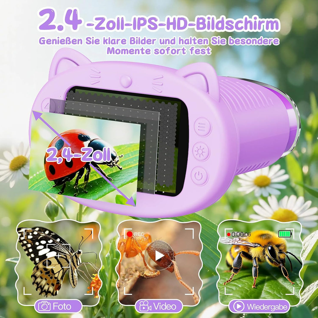 Tragbares Mikroskop für Kinder, 1000x Digitales Handmikroskop Kinder mit 2,4 Zoll IPS Bildschirm, Fo