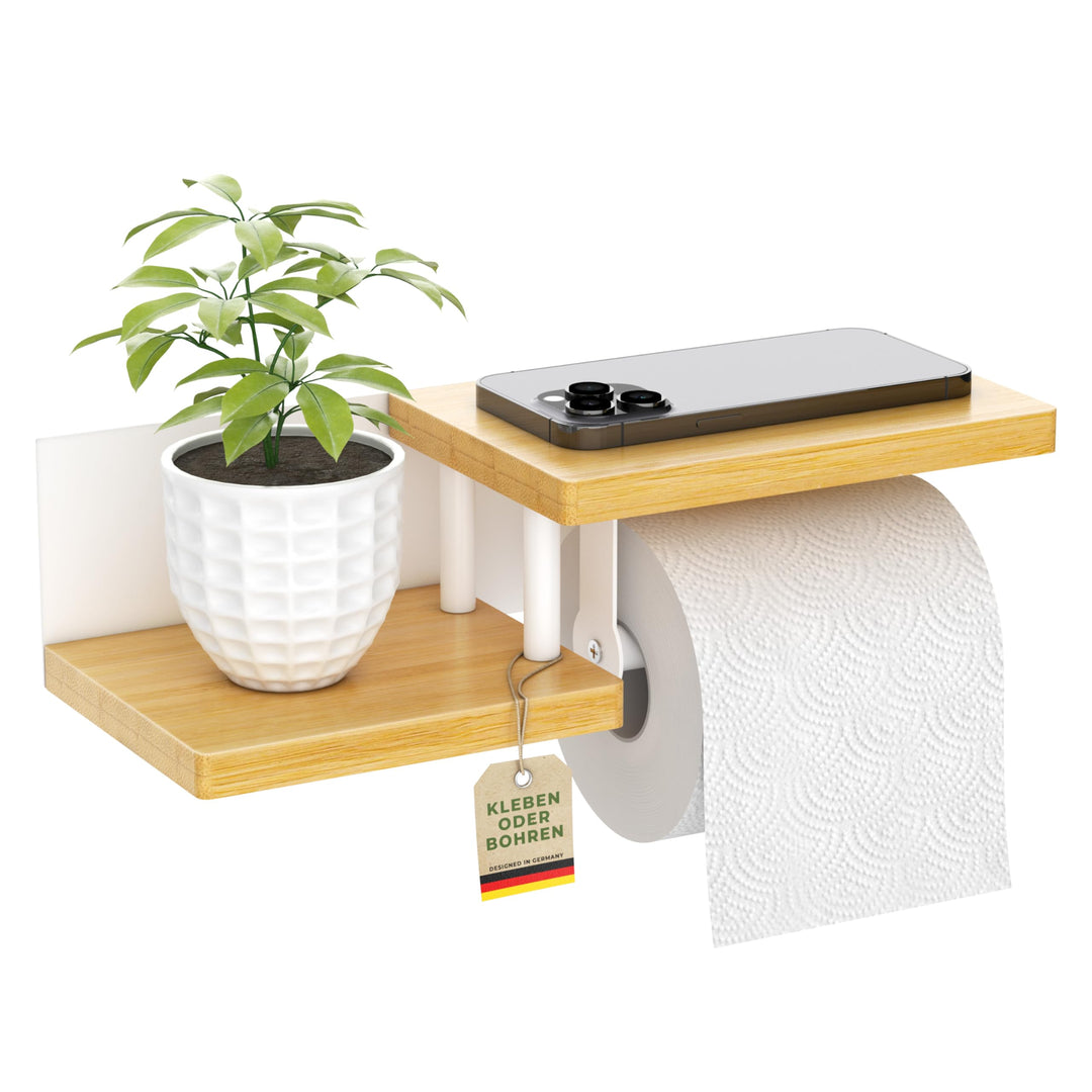 Toilettenpapierhalter Holz Bambus [KLEBEN oder Bohren] | hochwertiger Klopapierhalter ohne Bohren mi