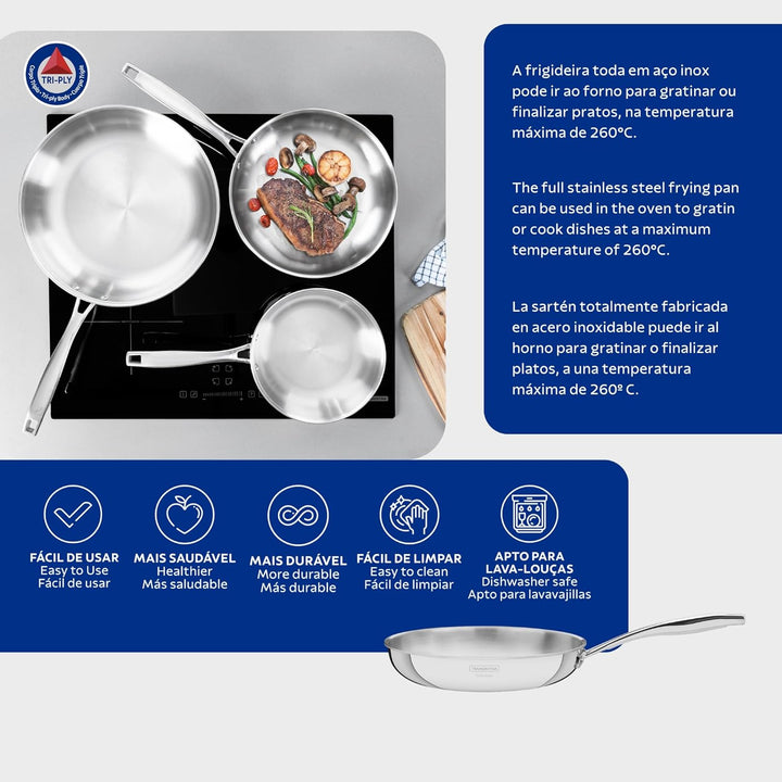 Tramontina Grano Bratpfanne, 18/10 Stahl, 3,4 Liter Ohne Antihaftbeschichtung 30 cm, Ohne Antihaftbe