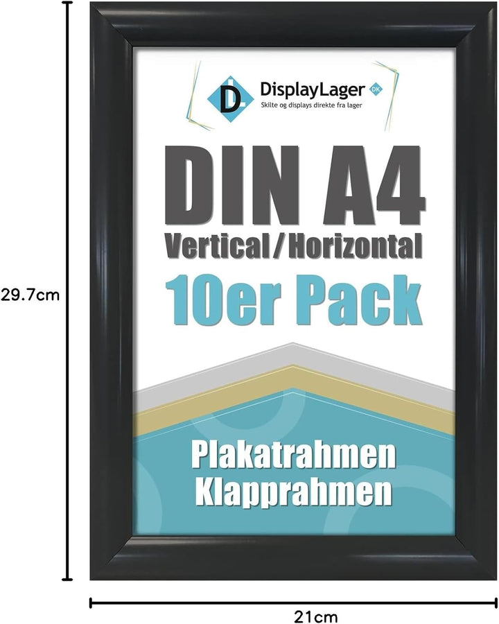 DisplayLager 10'er Sparpack Schwarz DIN A4 Klapprahmen mit 25mm Aluminium Profil, Entspiegelter Schu