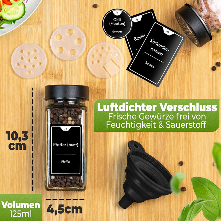 Gewürzgläser eckig [36 x 125ml], Luftdichte Gewürzgläser mit Streueinsatz + 248 wasserfeste Gewürzet