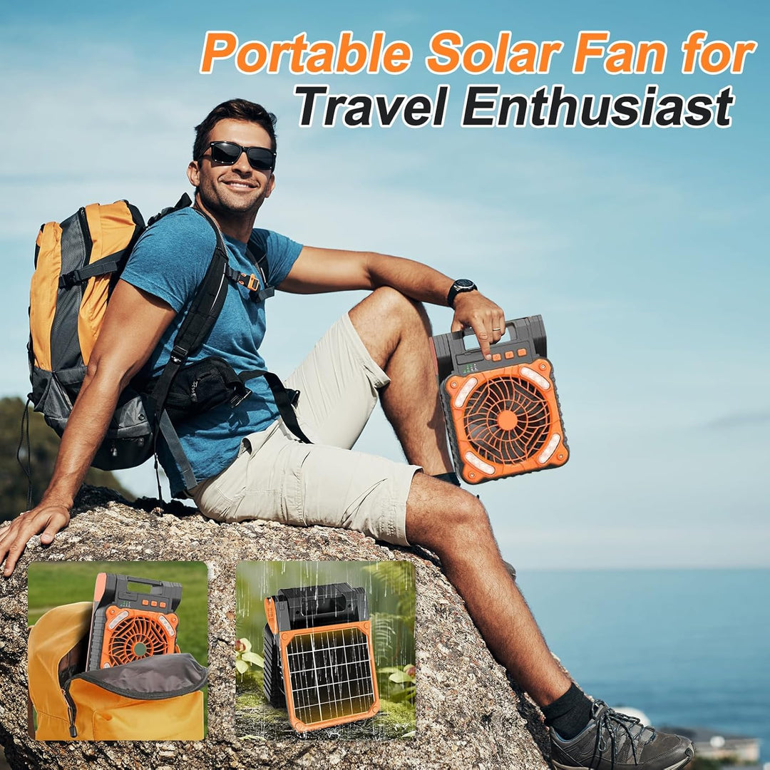 Camping Ventilator mit Akku 10400mAh, Solar Ventilator Outdoor mit LED-Licht, 4 Geschwindigkeiten Tr