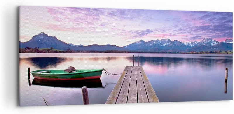 Wandbilder Dekoration Wohnzimmer See Berge Wasser Panorama Bilder auf Leinwand 120x50cm Leinwandbild