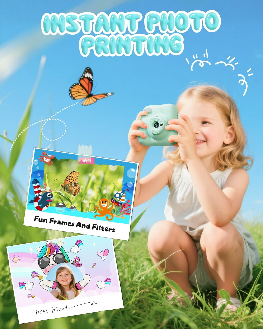 CAMCLID Kinderkamera Sofortbildkamera, 1080P Sofortbildkamera Kinder mit 32GB Karte & 3 Rollen Druck
