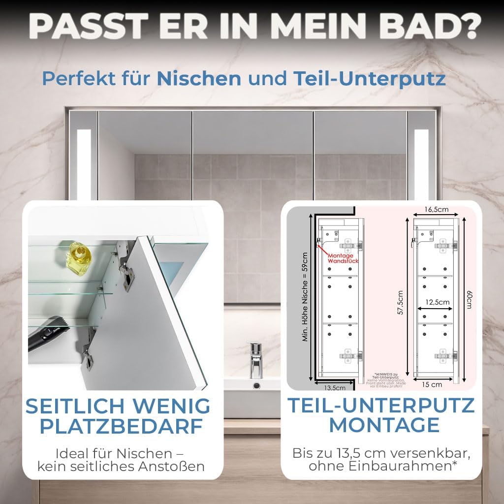 HAPA Design Bad Spiegelschrank mit Beleuchtung und Steckdose Venedig. Austauschbare LED Beleuchtung