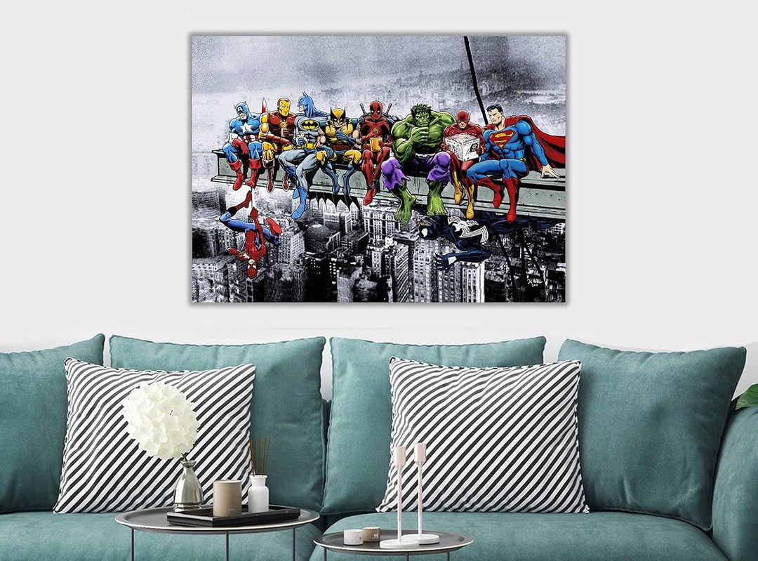 Kunstdruck auf Leinwand, Motiv Superhelden, Mittagessen auf Wolkenkratzer, gerahmt, verschiedene Grö