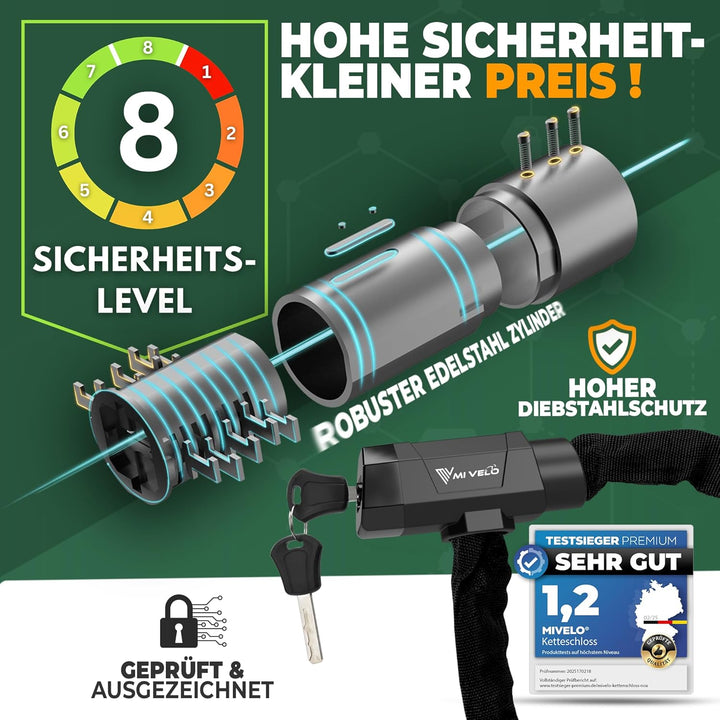 MIVELO Fahrradschloss Kettenschloss hohe Sicherheit - Schloss Fahrrad mit 6mm Vierkant-Kette I Radsc