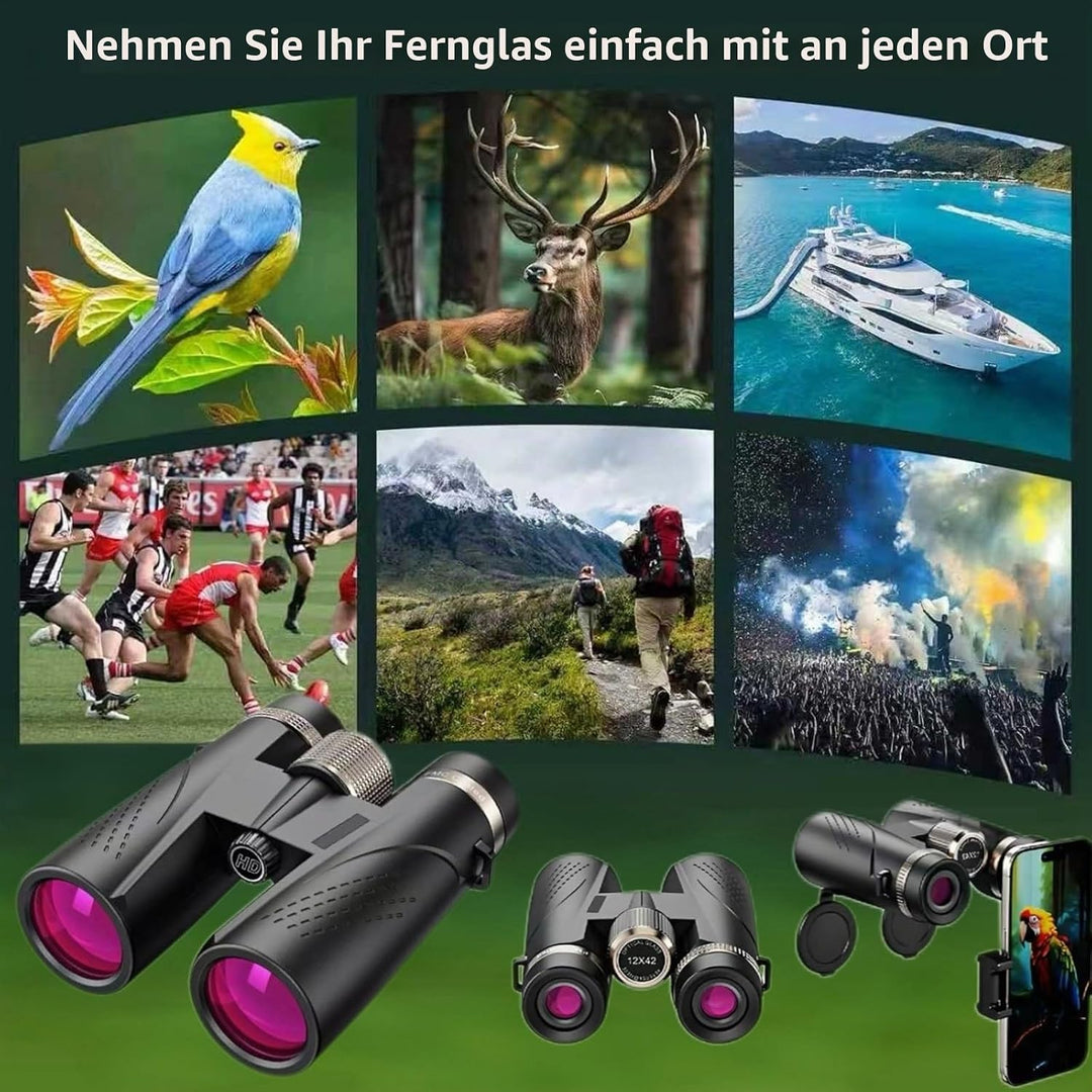 Fernglas 12x42, Leistungsstarke Ferngläser mit Heller und sauberer Sicht, für Erwachsene, BAK4 HD Pr