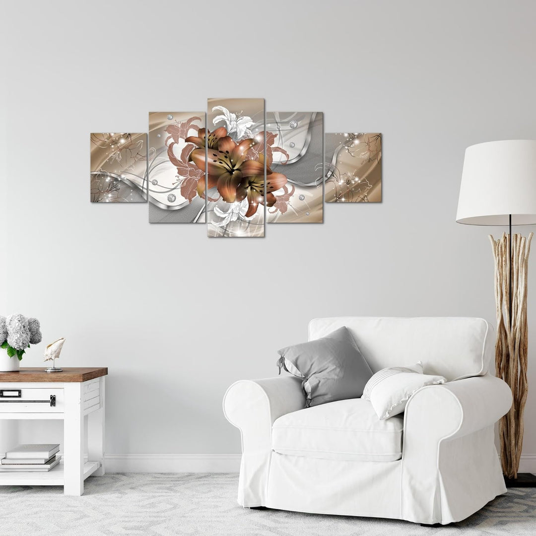 Runa Art Wandbilder Blumen Lilien 5 Teilig Bild auf Vlies Leinwand Deko Wohnzimmer Abstrakt Beige Br