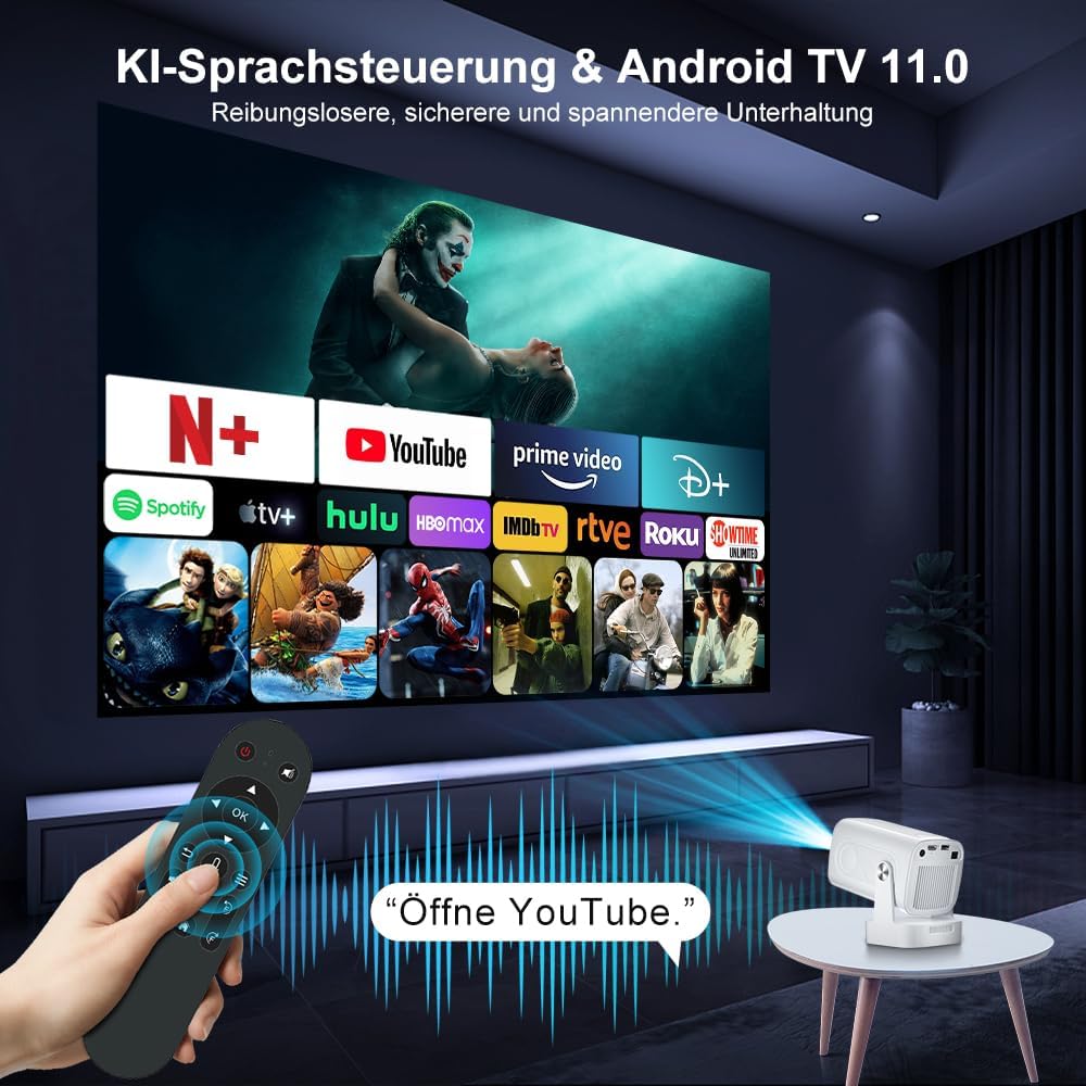 Beamer 4K HY260pro,Mini Beamer heimkino mit WiFi 6 Bluetooth 5.4,1080P Full HD mit Android TV,180° R