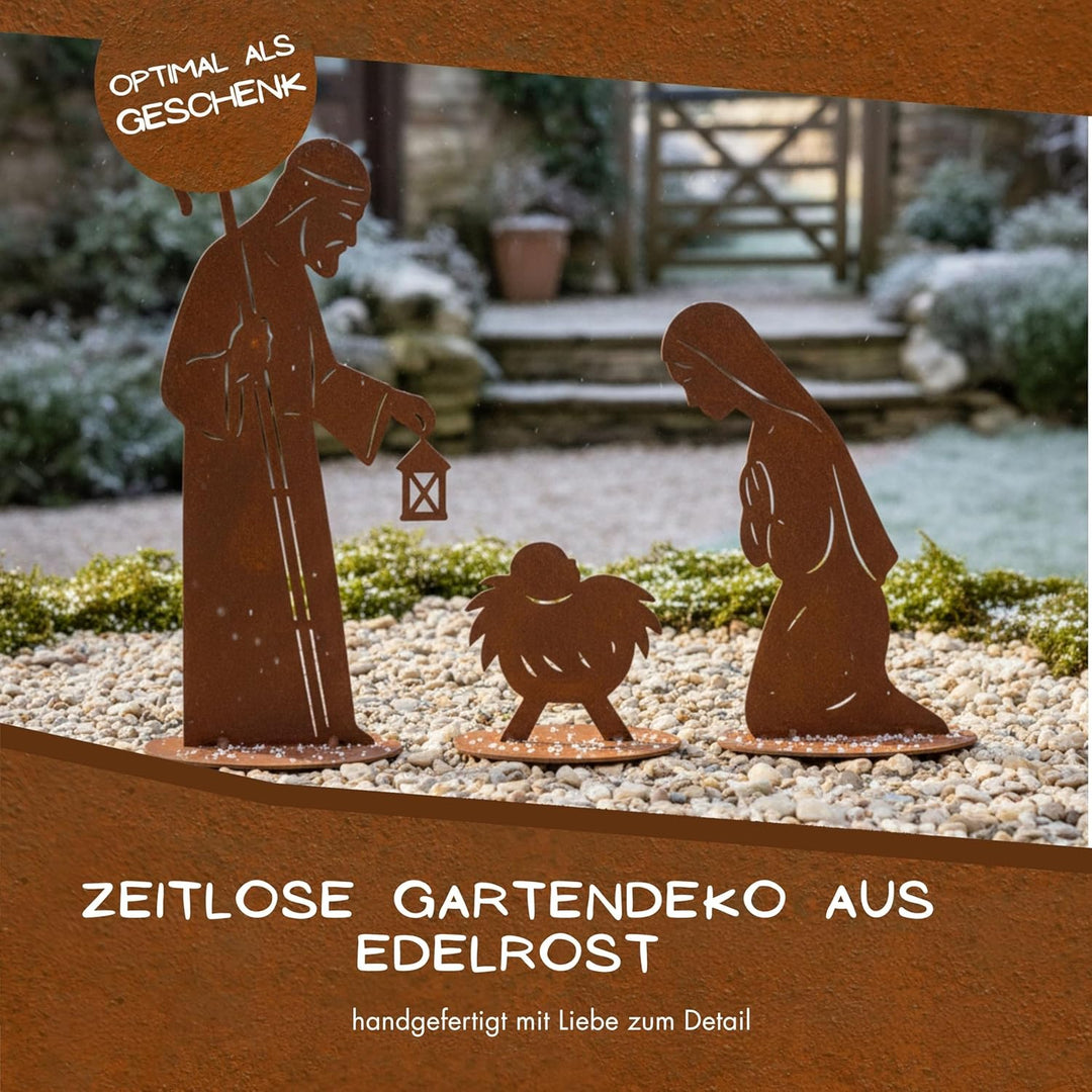 Rostikal Weihnachtskrippe XXL 3-teilig – Edelrost Krippe aus Metall mit Laterne, Maria Josef & Jesus