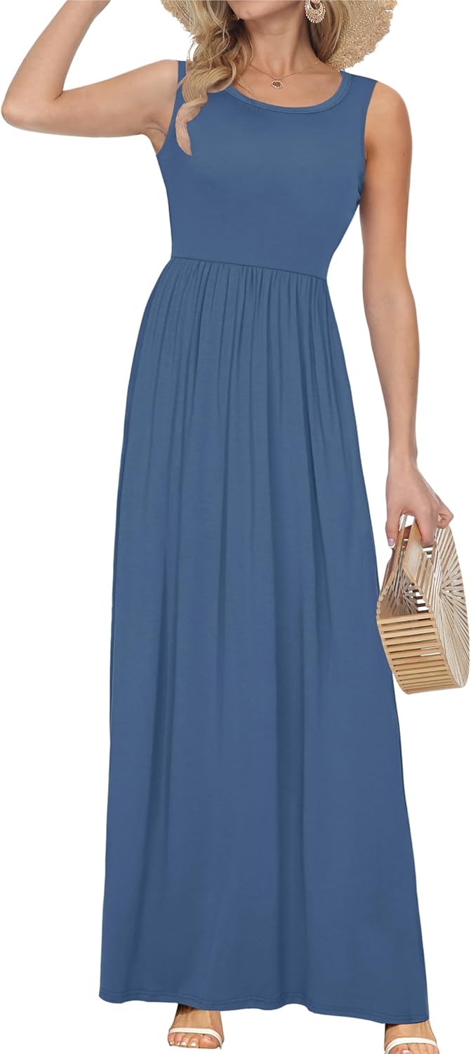 AUSELILY Damen Sommer Ärmelloses, lockeres Maxikleid Lässiges, langes Kleid mit Taschen S Beja Blue,