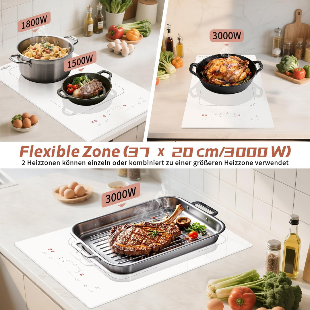 Induktionsfeld 2 Platten Einbau, Induktionskochfeld 30 cm mit Keramikglas, Flexzone, 3500W, Touch-Sc