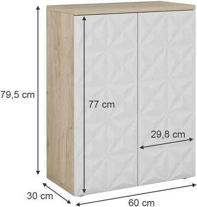 Vicco Midischrank Edge, Weiss/Eiche, 60 x 79.5 cm mit 2 Türen und 3 Fächer Weiss Kommode, Weiss Komm