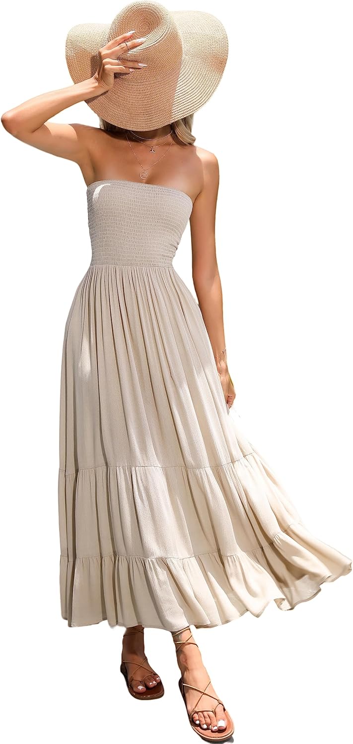 R.Vivimos Sommer Boho Trägerloses Bandeau Shirred Rüschen Tube A Linie Maxikleid S Khaki