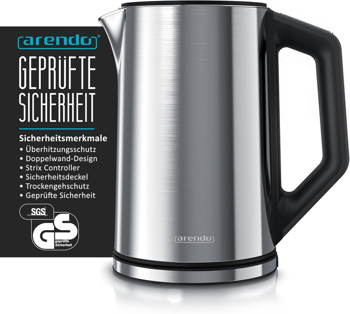 Arendo - Edelstahl Wasserkocher mit Temperatureinstellung 40-100 Grad in 5er Schritten - Doppelwand