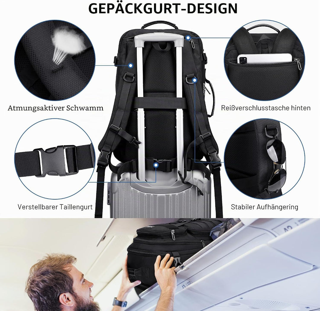 WITZMAN Reiserucksack Herren 45L Gross Nylon 3 in 1 Reisetasche Rucksack für Flugzeug Fit 17 Zoll La