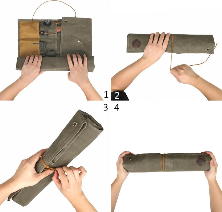 TOURBON Kochmesser-Tasche, gewachstes Segeltuch, tragbar, 10 Taschen, Messer-Aufbewahrung, Werkzeug-