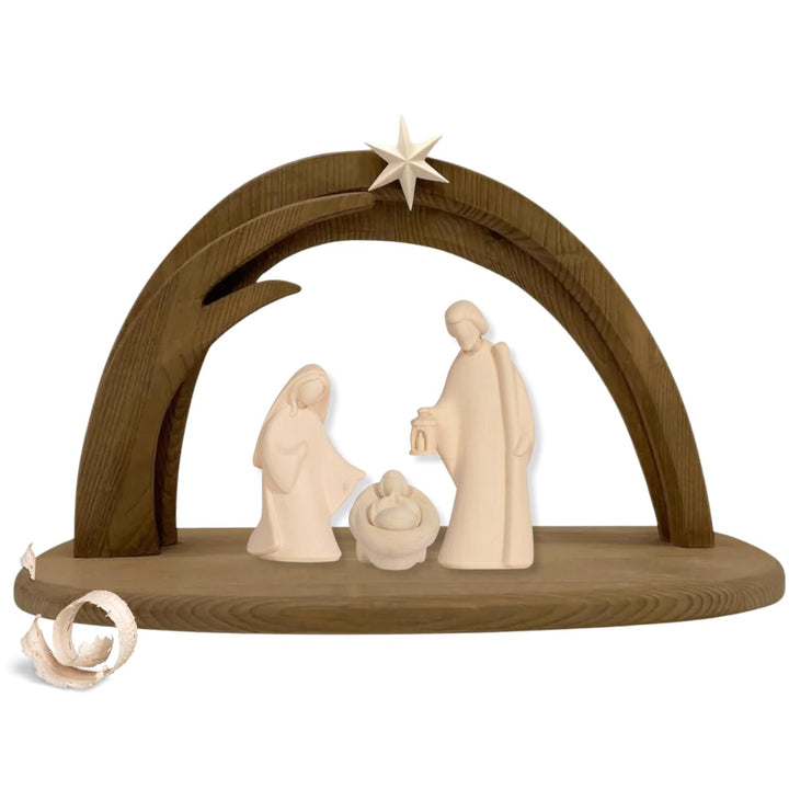 Akantus Krippe aus Holz: HL. Familie Natur mit Krippenbogen (13 cm), 13 cm