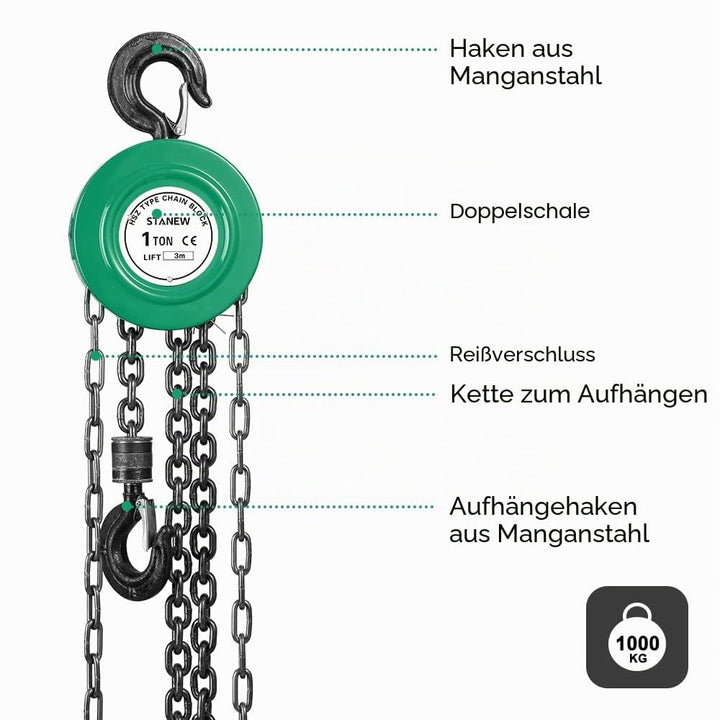 Kettenzug mit robustem Haken, Stanew, 3m Kette, Grün, doppelte Ladekette, Kette G80, Hebehaken mit S