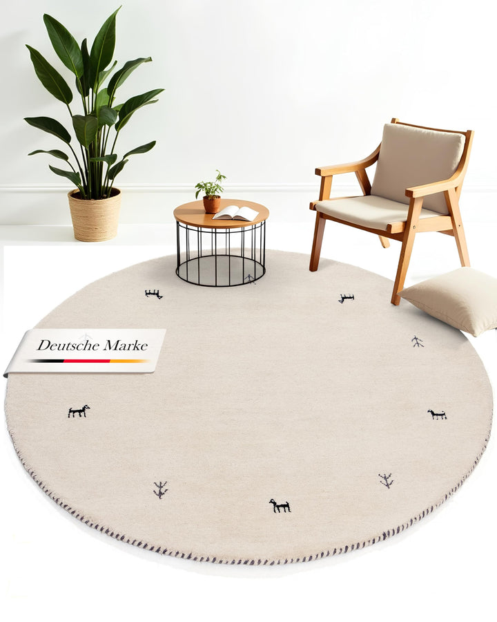 carpetfine Wollteppich Gabbeh Uni Rund Weiss Ø 80 | Moderner Teppich für Wohn- und Schlafzimmer Ø 80