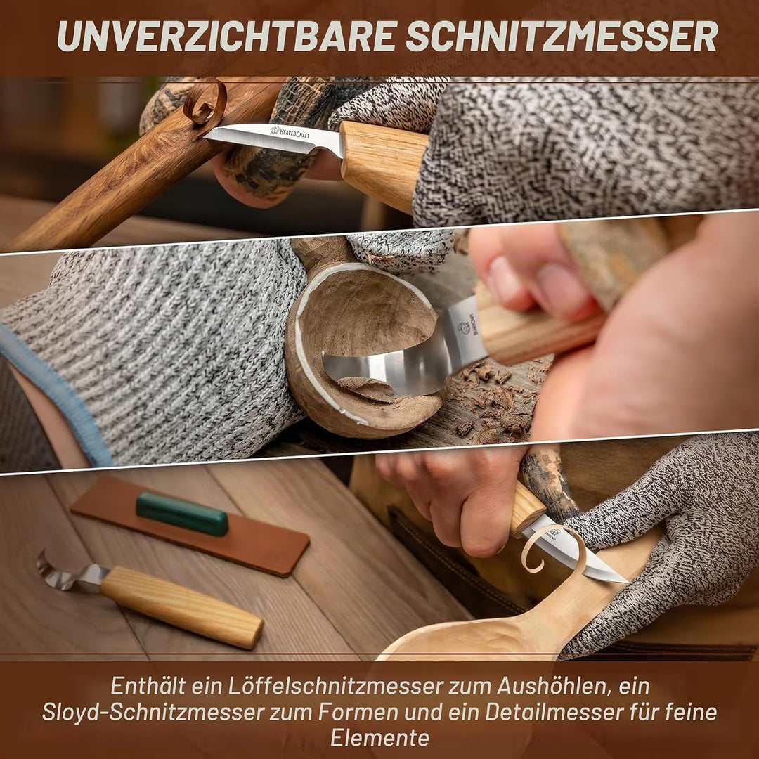 BeaverCraft S13 Holzschnitzerei Werkzeuge Set für Löffelschnitzen 3 Messer in Werkzeugsrolle Abziehr