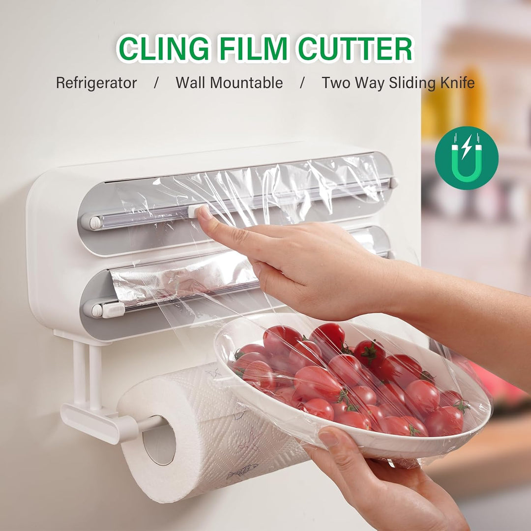 3 in 1 Frischhaltefolienspender mit Küchenrollenhalter, Folienspender mit Cutter, Küchenrollenhalter