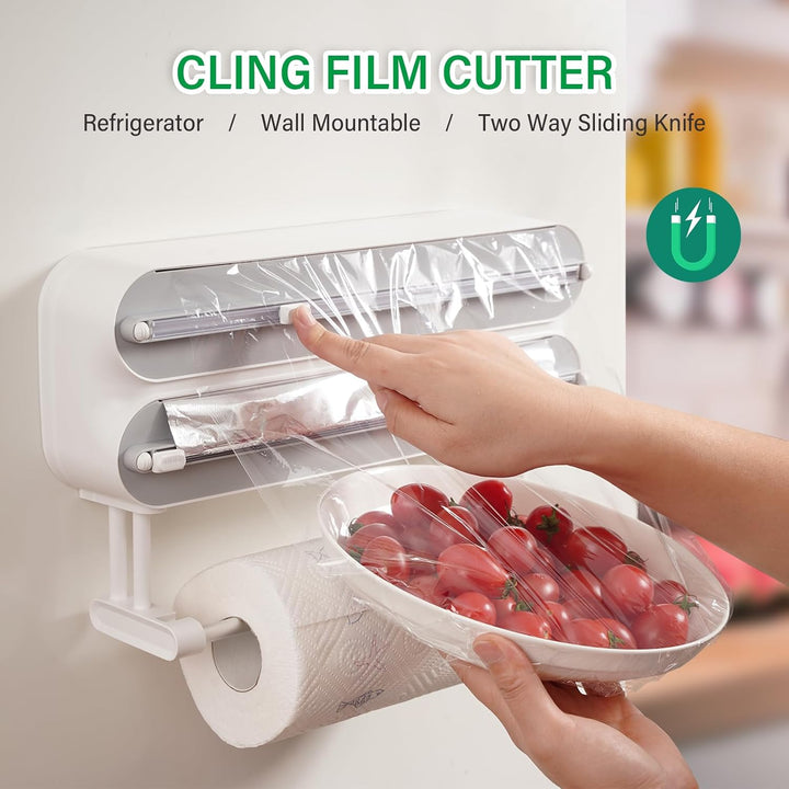3 in 1 Frischhaltefolienspender mit Küchenrollenhalter, Folienspender mit Cutter, Küchenrollenhalter