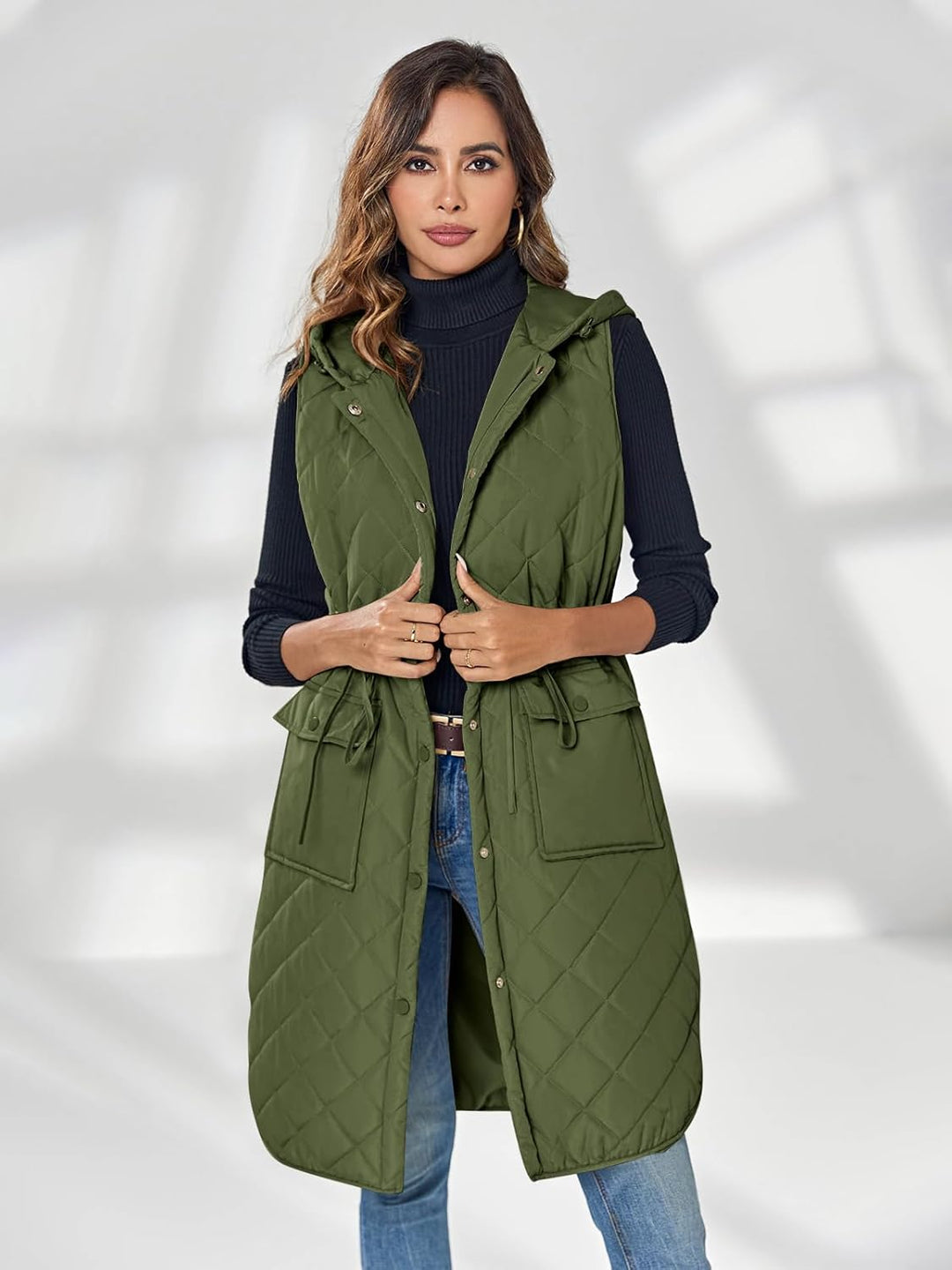 Wenrine Damen Weste Lang Ärmellose Winter Steppweste mit Kapuze und Taschen Casual S Armeegrün, S Ar