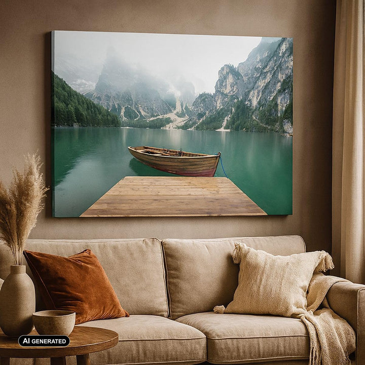 Bilder auf Leinwand 100x70cm Leinwandbild mit Rahmen Berge See Boot Gross Wanddeko Bild Schlafzimmer