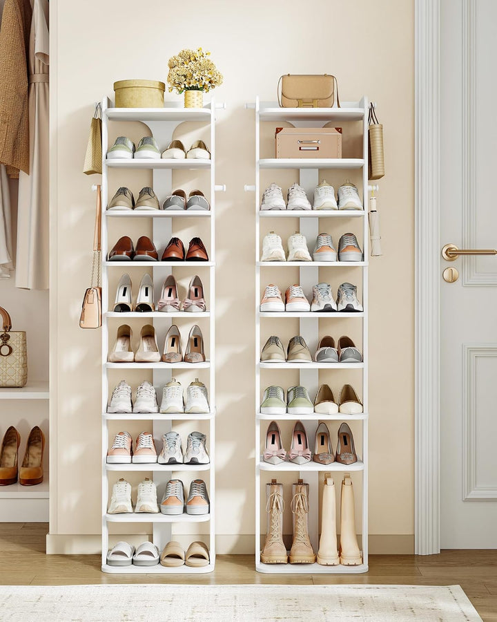 Hzuaneri Schuhregal, Schuhablage mit 10 Ebenen, Holz-Schuh-Organizer mit Haken, Verstellbar, Platzsp