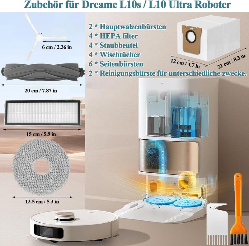 Bibemorol Zubehörset für Dreame L10 Ultra / L10s Ultra Roboter Staubsauger, Zubehör mit 2 Hauptbürst