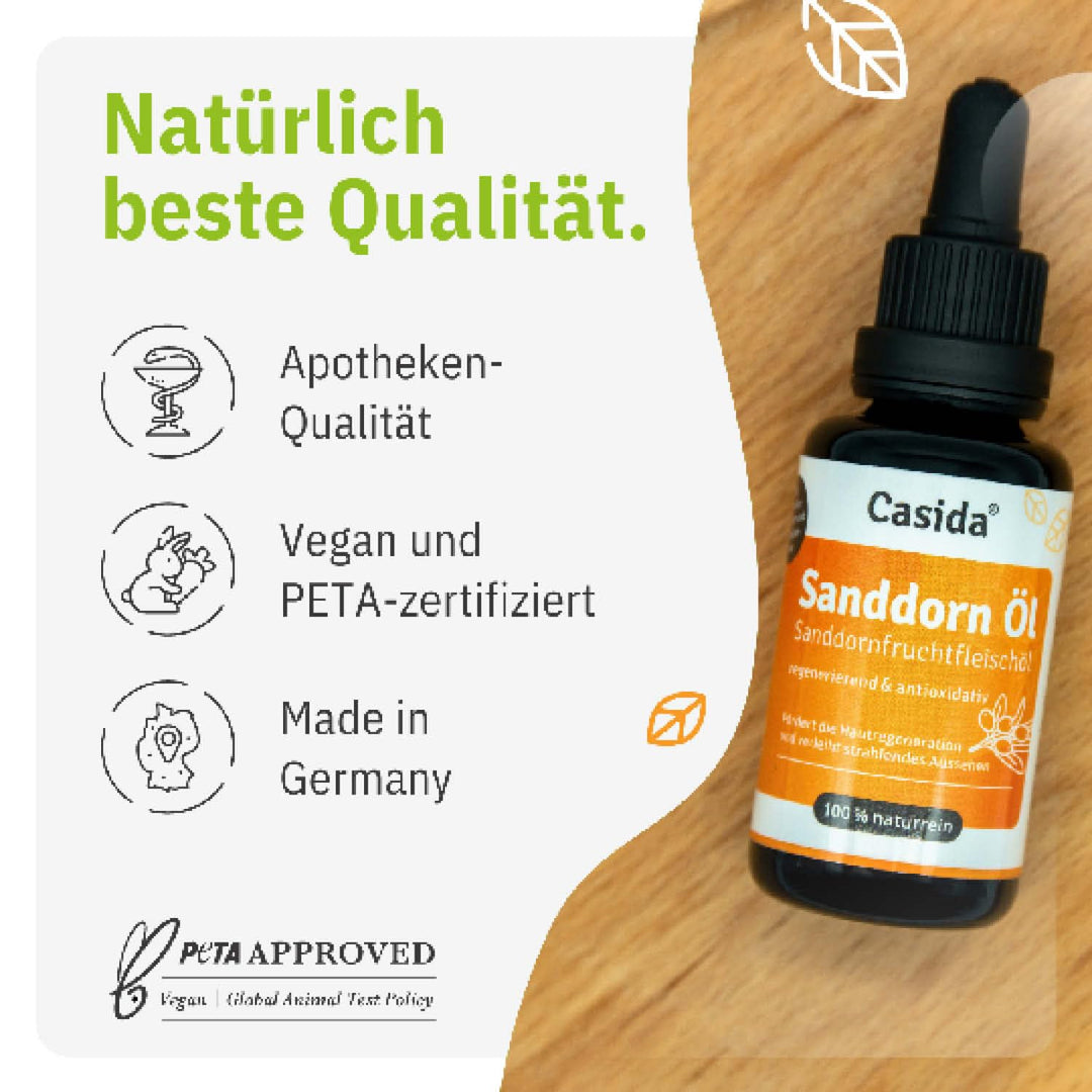Casida® Sanddornöl - Sanddornfruchtfleischöl naturrein - Hautpflege Öl für intensive Pflege und Rege