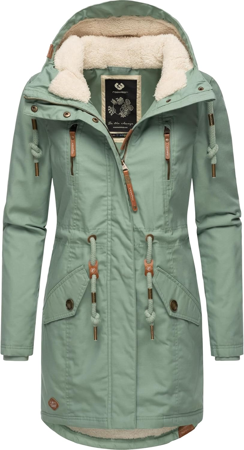 Ragwear Damen Mantel Lange warme Winterjacke mit Teddyfell-Kapuze Elsie Intl XS-5XL XS Dusty Green24