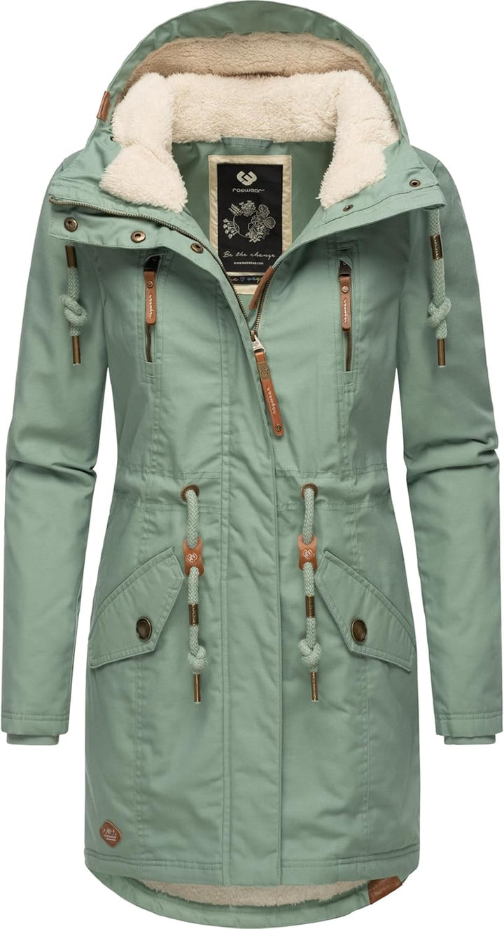 Ragwear Damen Mantel Lange warme Winterjacke mit Teddyfell-Kapuze Elsie Intl XS-5XL XS Dusty Green24